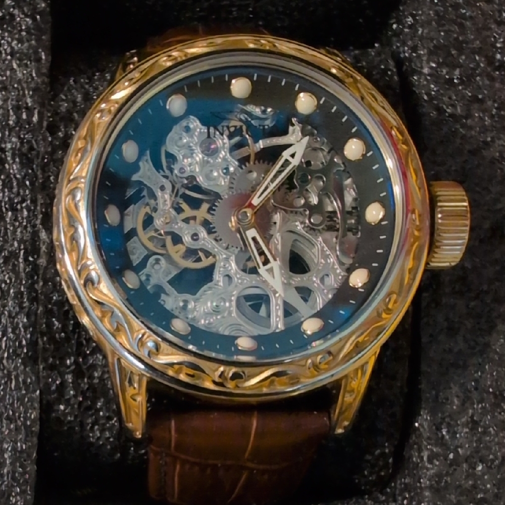 Invicta Gold-Tone Watch with Blue Skeleton Dial